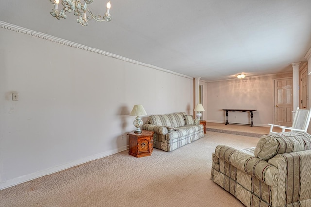 104 Pine, Laurens, SC 29360 - carpeted living area with a chandelier and ornamental molding
