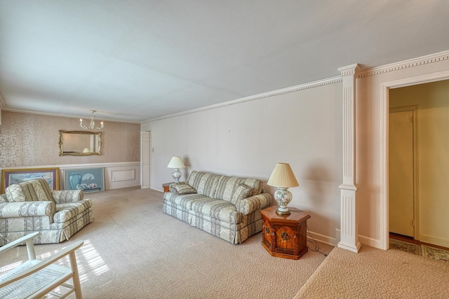 104 Pine, Laurens, SC 29360 - living room featuring carpet flooring, crown molding, and a chandelier
