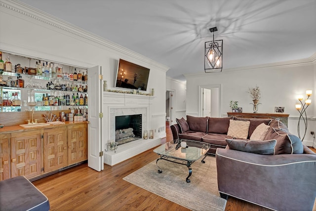 207 Carolina Club Dr, Spartanburg, SC 29306 - living area featuring crown molding, wet bar, wood finished floors, and a high end fireplace
