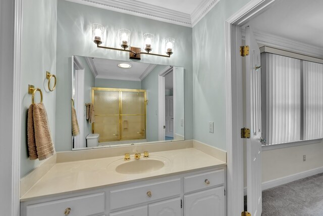 207 Carolina Club Dr, Spartanburg, SC 29306 - full bathroom featuring a shower with shower door, vanity, and ornamental molding