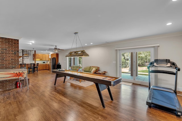 207 Carolina Club Dr, Spartanburg, SC 29306 - recreation room featuring wood finished floors, ornamental molding, recessed lighting, and a ceiling fan