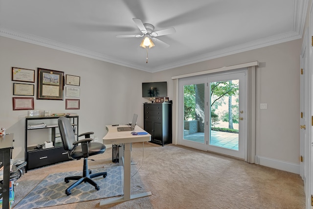 207 Carolina Club Dr, Spartanburg, SC 29306 - office featuring light carpet, crown molding, and a ceiling fan