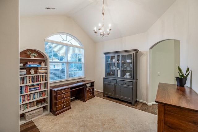 746 Tinder Box, Boiling Springs, SC 29349 - office space featuring vaulted ceiling, a chandelier, light wood-type flooring, and arched walkways