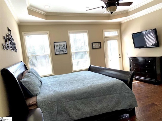 bedroom featuring ceiling fan, dark wood-type flooring, crown molding, and a raised ceiling