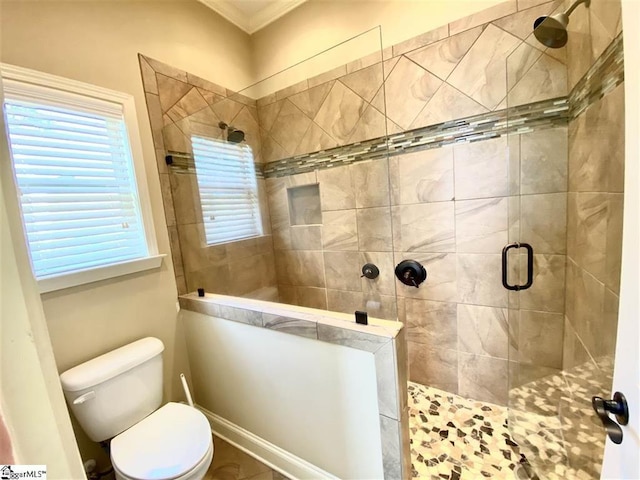 bathroom with crown molding, toilet, and walk in shower