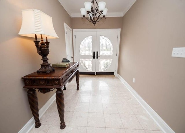 interior space featuring an inviting chandelier, french doors, and ornamental molding