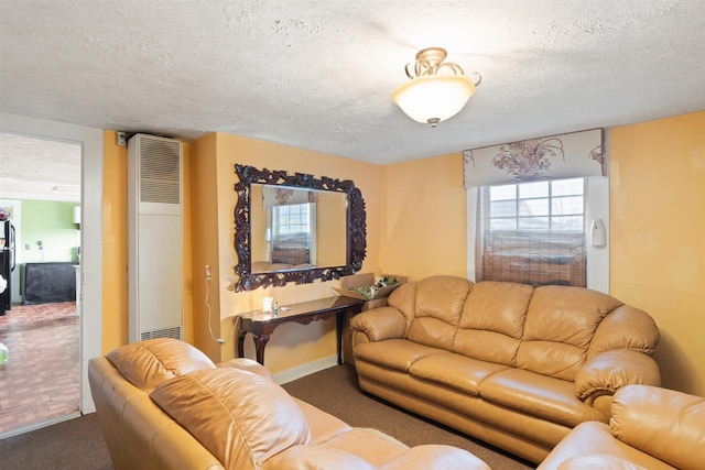 living room featuring a textured ceiling and dark parquet flooring