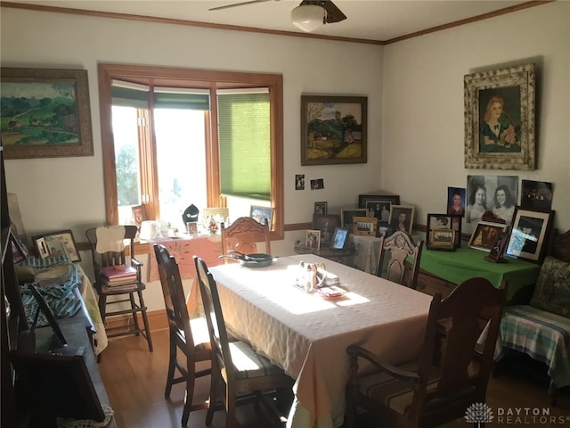 dining room with hardwood / wood-style flooring and ornamental molding