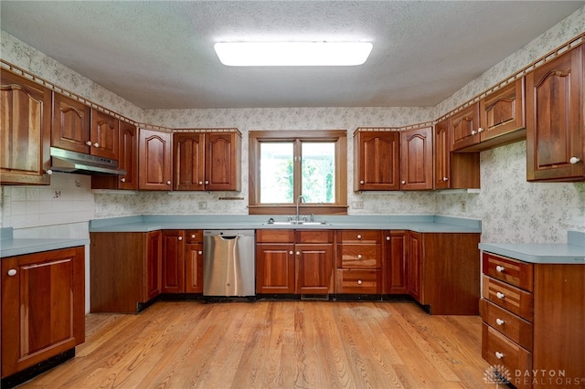 kitchen featuring dishwasher, light wood-type flooring, sink, and a textured ceiling