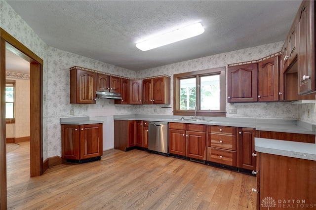 kitchen with a textured ceiling, light hardwood / wood-style flooring, sink, and stainless steel dishwasher