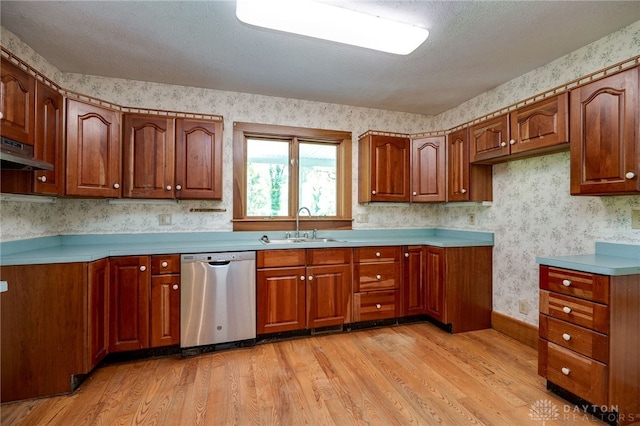 kitchen with stainless steel dishwasher, sink, light wood-type flooring, and a textured ceiling