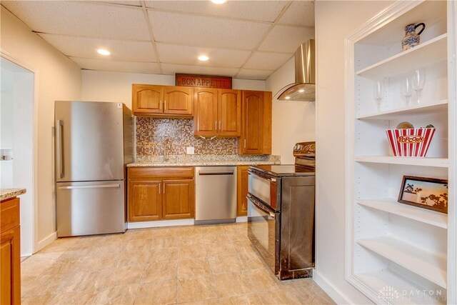 216 S Short St, Troy, OH 45373 - kitchen with stainless steel appliances, wall chimney exhaust hood, a paneled ceiling, open shelves, and brown cabinetry