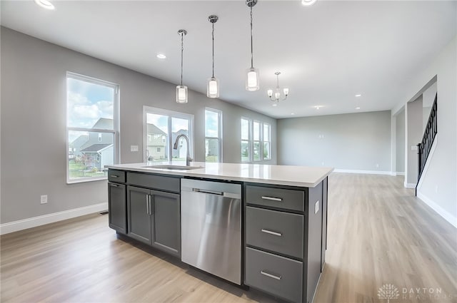 kitchen with light hardwood / wood-style floors, sink, an island with sink, and dishwasher