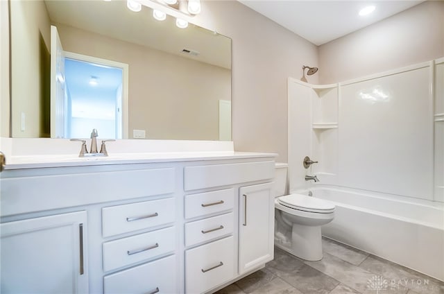 full bathroom with toilet, bathing tub / shower combination, tile patterned flooring, and vanity