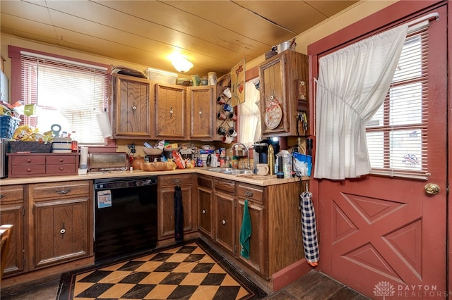 kitchen with a healthy amount of sunlight, sink, wooden ceiling, and dishwasher