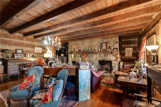 interior space featuring an inviting chandelier, a fireplace, wood ceiling, dark wood-type flooring, and beam ceiling