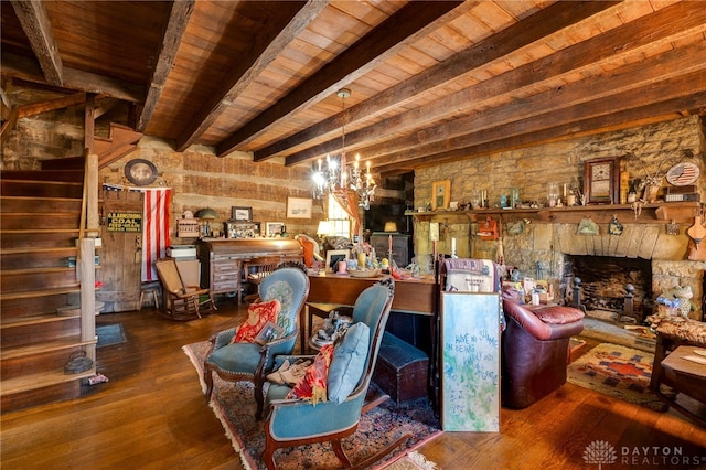 interior space featuring an inviting chandelier, wood-type flooring, wooden ceiling, and beamed ceiling