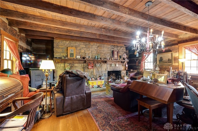 living room featuring beam ceiling, a notable chandelier, a fireplace, wood-type flooring, and wooden ceiling