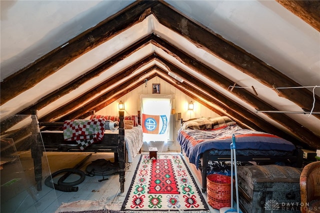 bedroom featuring lofted ceiling