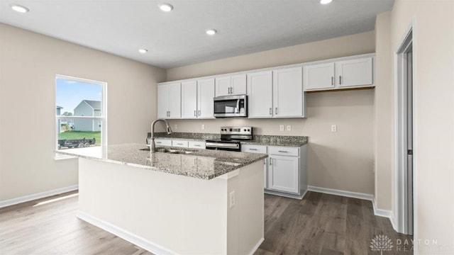 kitchen with sink, white cabinetry, a kitchen island with sink, and appliances with stainless steel finishes