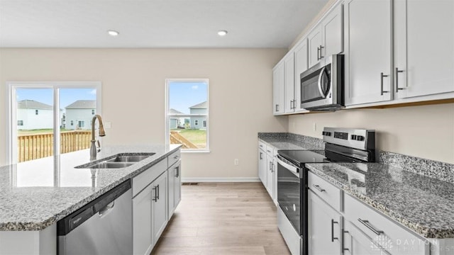 kitchen with stainless steel appliances, white cabinetry, plenty of natural light, and sink