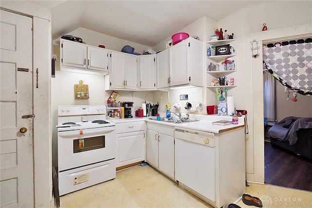 kitchen with white appliances, a sink, white cabinetry, light countertops, and open shelves