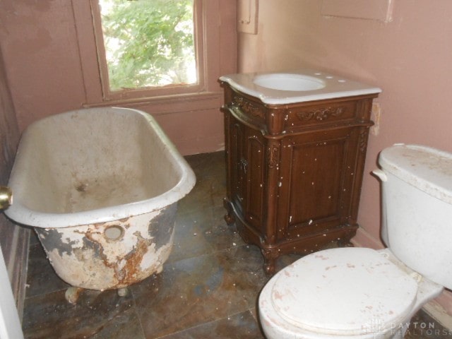 bathroom with toilet, a washtub, and vanity