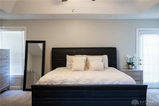 bedroom with a raised ceiling, ceiling fan, and light carpet