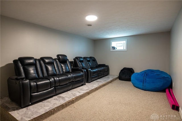 home theater featuring carpet flooring