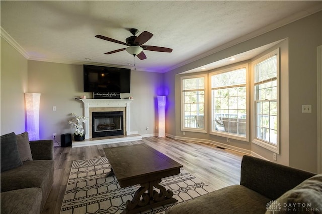 living room featuring ceiling fan, ornamental molding, and light hardwood / wood-style flooring