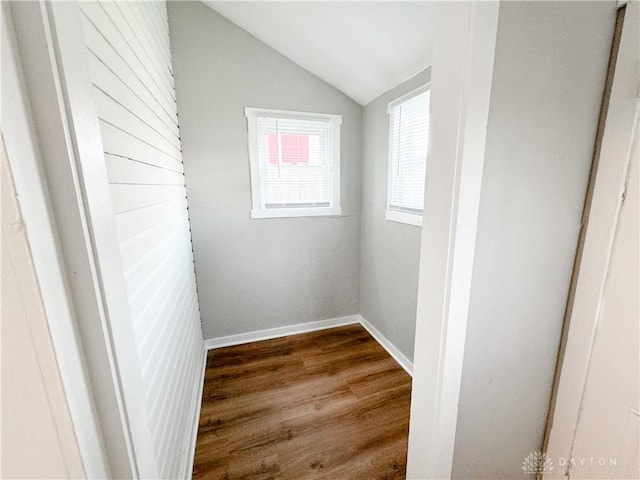 empty room featuring wood-type flooring and vaulted ceiling