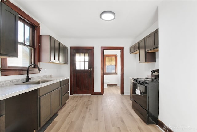 kitchen with dark brown cabinetry, light hardwood / wood-style floors, black / electric stove, and sink