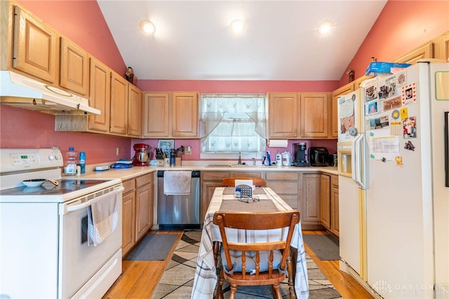2696 Wilmington Rd, Lebanon, OH 45036 - kitchen featuring lofted ceiling, white appliances, light brown cabinets, light countertops, and under cabinet range hood