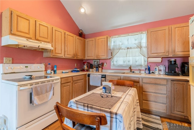 2696 Wilmington Rd, Lebanon, OH 45036 - kitchen with white range with electric cooktop, vaulted ceiling, stainless steel dishwasher, a sink, and under cabinet range hood
