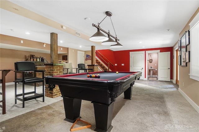 rec room featuring light carpet and pool table