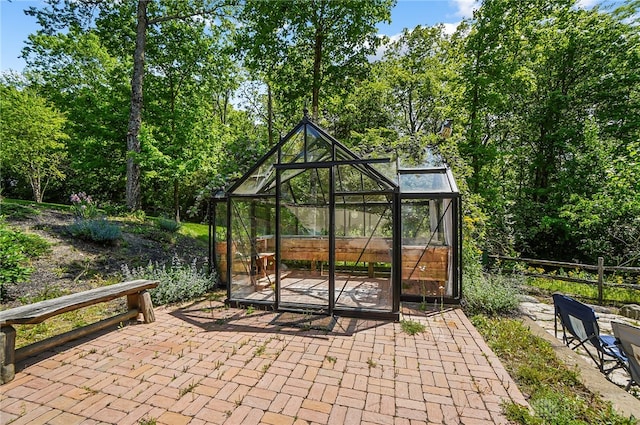 view of patio / terrace featuring an outdoor structure