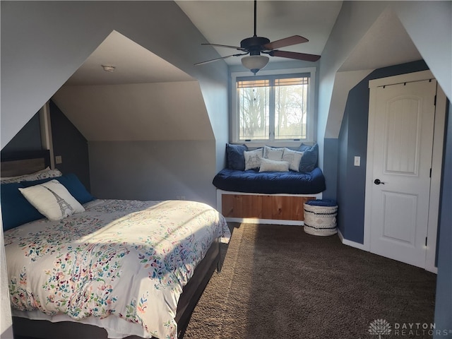 bedroom featuring ceiling fan, carpet flooring, and vaulted ceiling