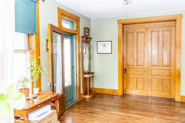 foyer with wood finished floors, a wealth of natural light, and baseboards