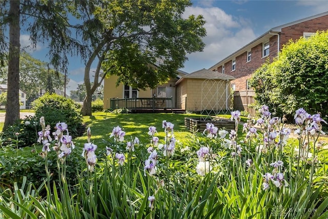 view of yard featuring a deck, an outdoor structure, fence, a garden, and a shed