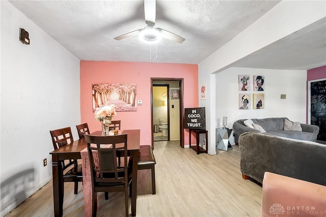 dining room featuring a textured ceiling, light hardwood / wood-style flooring, and ceiling fan