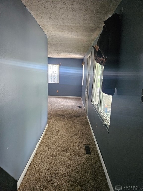 corridor featuring a textured ceiling, carpet floors, and a wealth of natural light