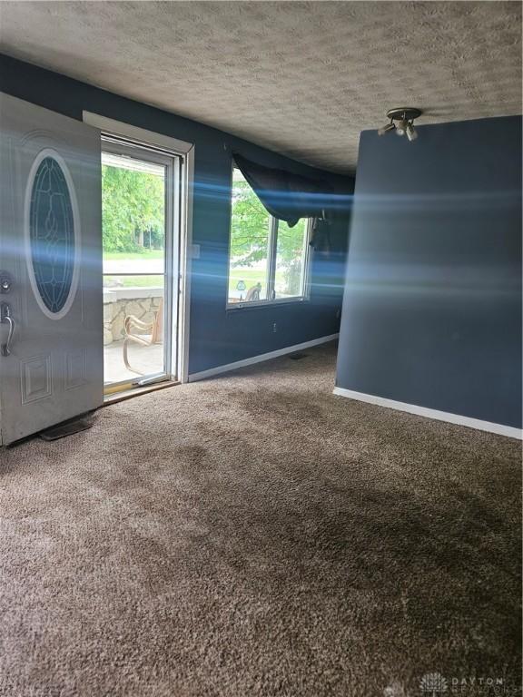 interior space featuring baseboards, a textured ceiling, and carpet floors