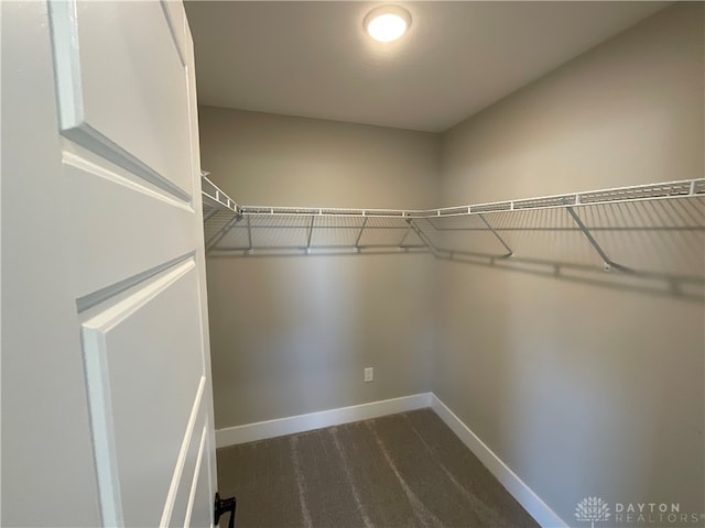 spacious closet with dark colored carpet