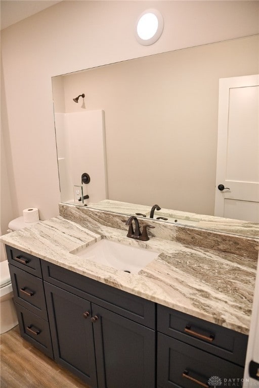 bathroom with toilet, hardwood / wood-style floors, and vanity