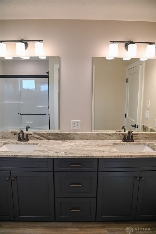 bathroom with vanity, hardwood / wood-style flooring, and a shower with shower door