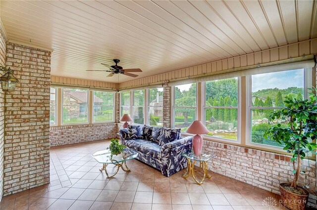 sunroom / solarium featuring wood ceiling and ceiling fan