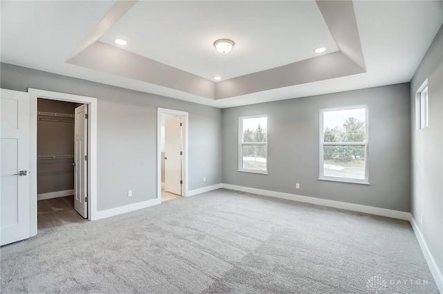 unfurnished bedroom with a raised ceiling, a spacious closet, and light colored carpet