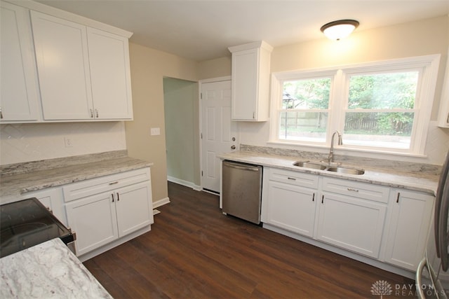 kitchen featuring dark hardwood / wood-style flooring, white cabinetry, dishwasher, and sink