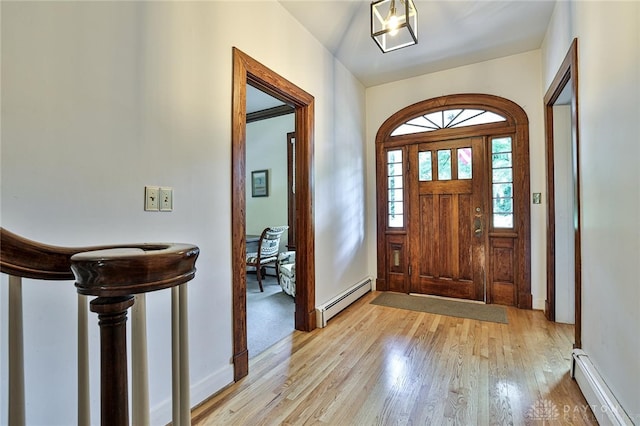 foyer featuring light wood-type flooring and baseboard heating