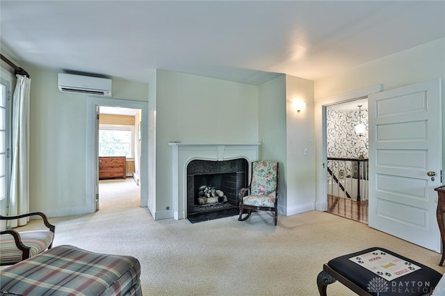 carpeted living room with a wall mounted AC